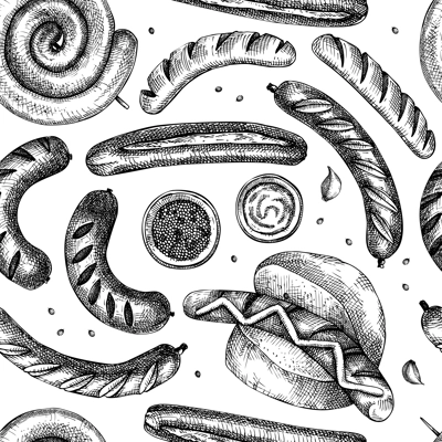 Oktoberfest background. Grilled sausage backdrop. Hand-drawn fast food illustration. Barbeque party sketched design. German food seamless pattern. For picnic, delivery, bar or restaurant design